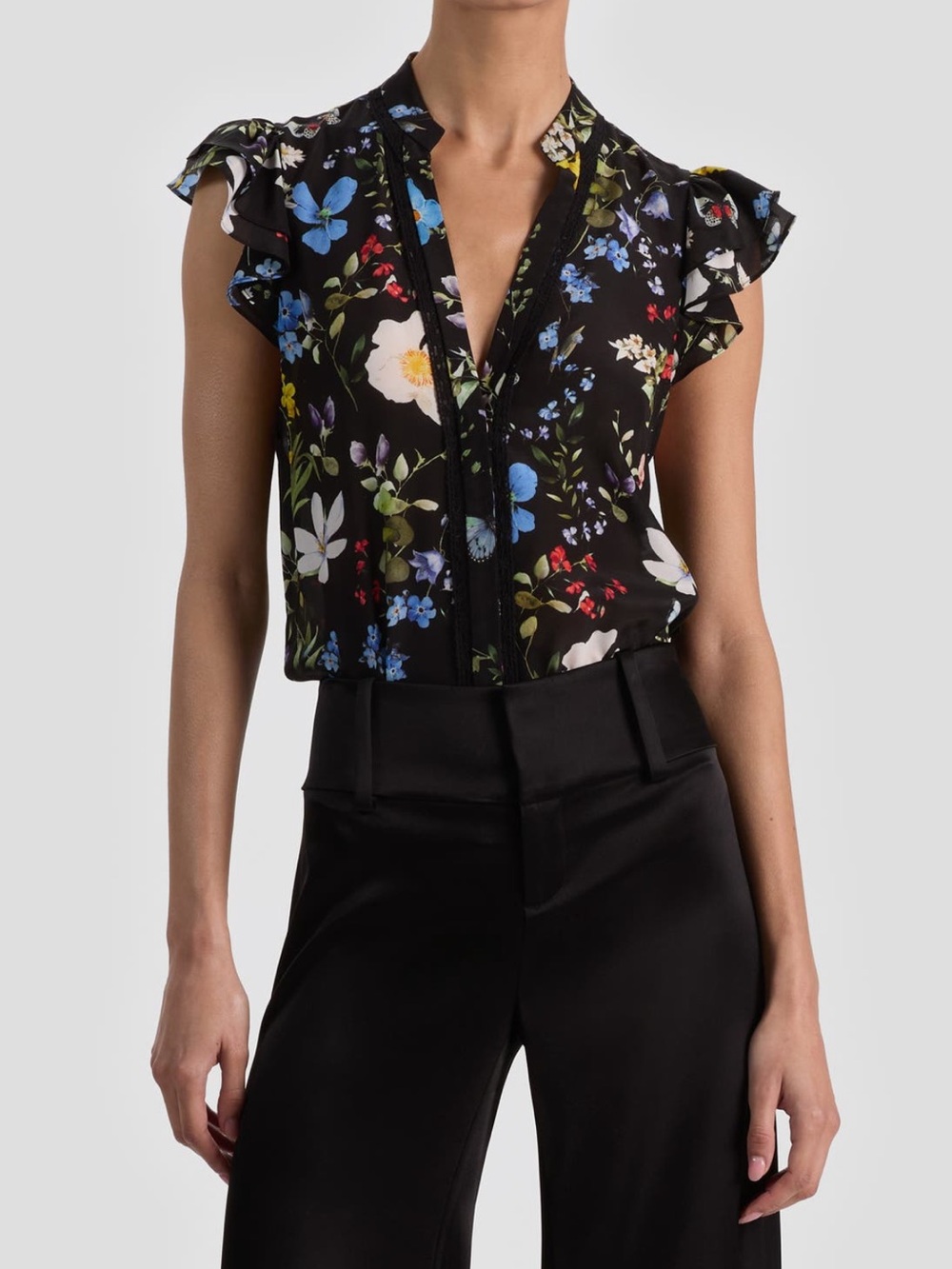 Alice + Olivia Black Floral V-Neck Ruffle Sleeve Blouse